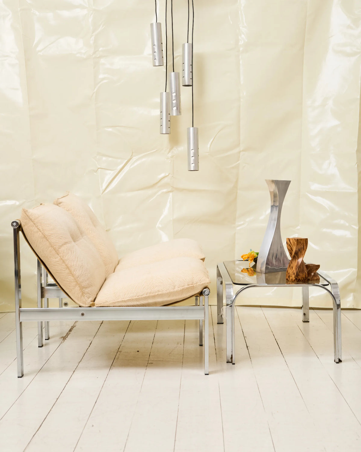 Beige lounge chair with chrome frame (1 of 2), Italy, 1980s