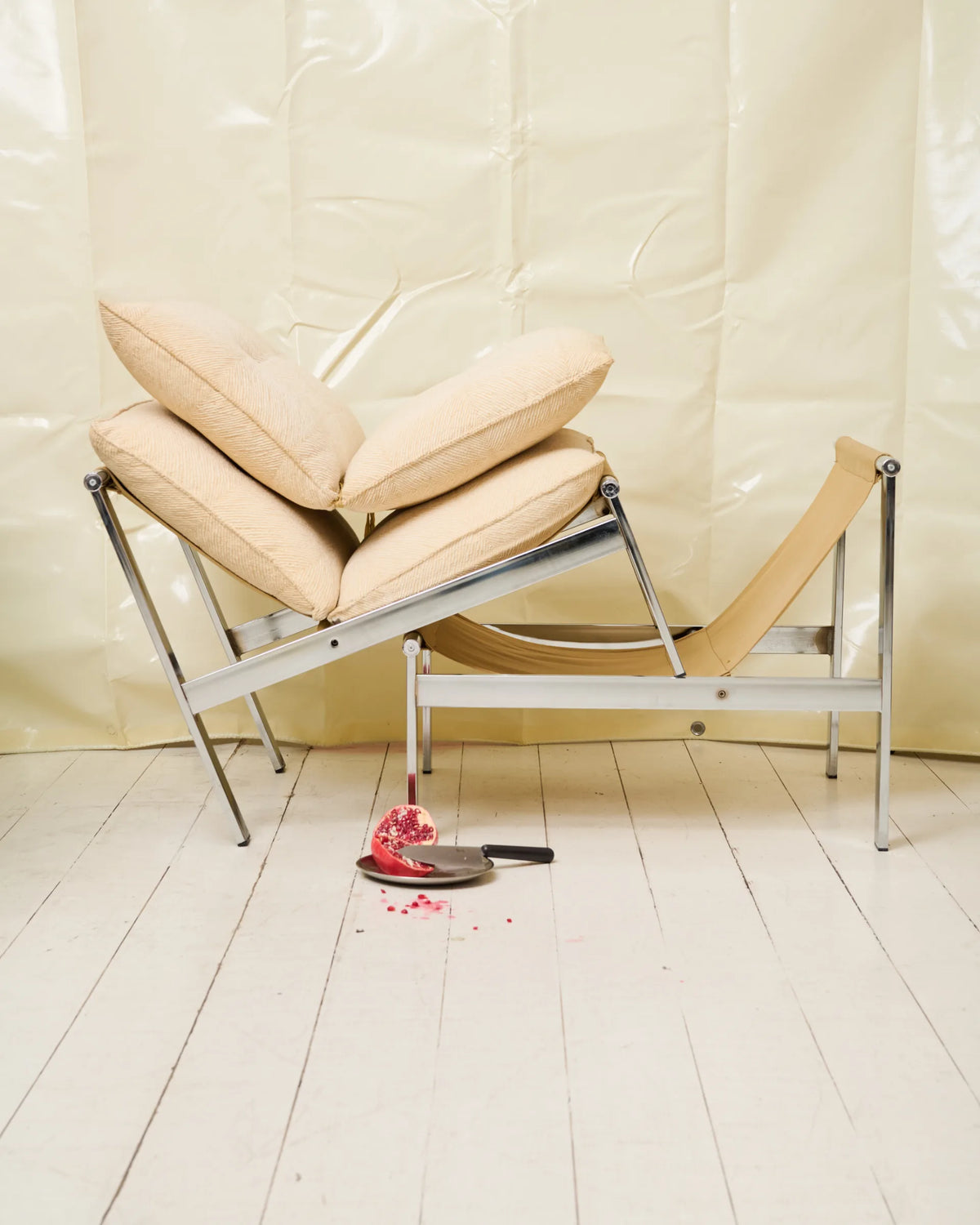 Beige lounge chair with chrome frame (1 of 2), Italy, 1980s