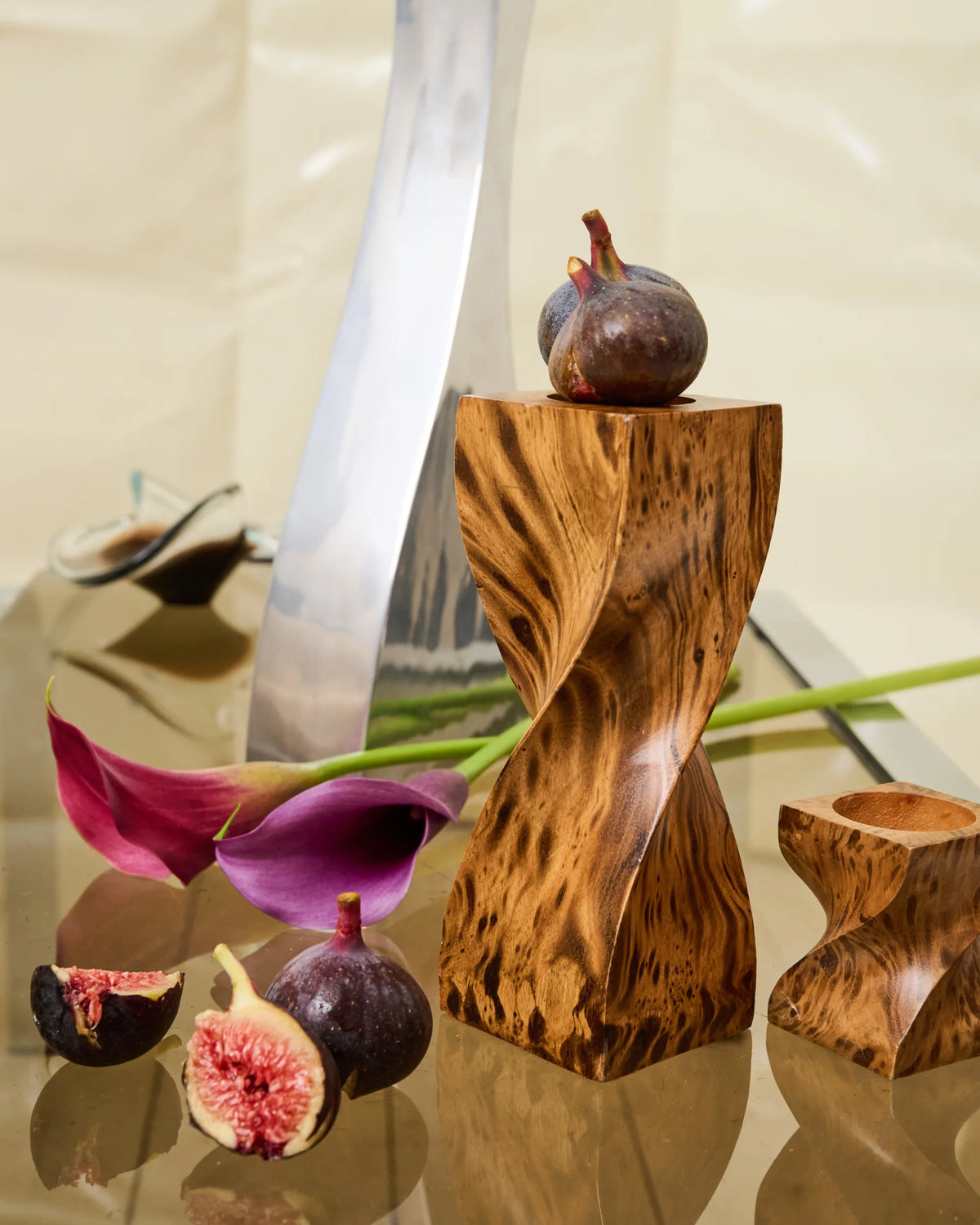 Pair of twisted wood candlesticks, 1970s