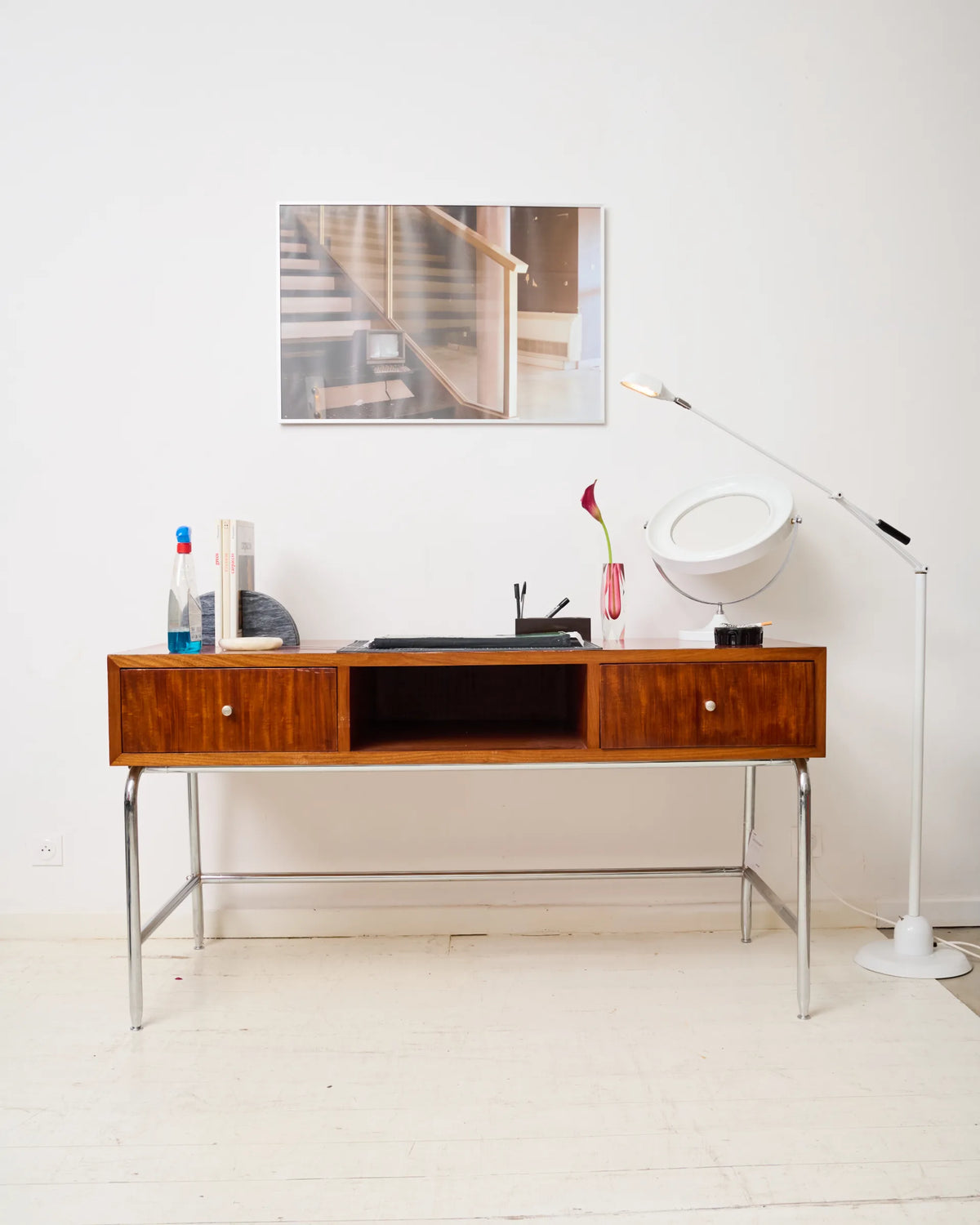 Mahogany and chrome metal desk, Italian manufacture, Italy, 1960s