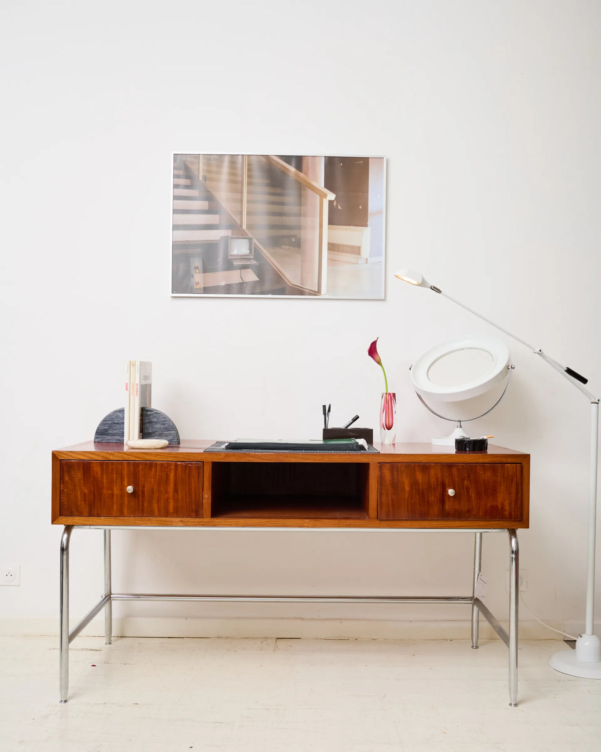 Mahogany and chrome metal desk, Italian manufacture, Italy, 1960s