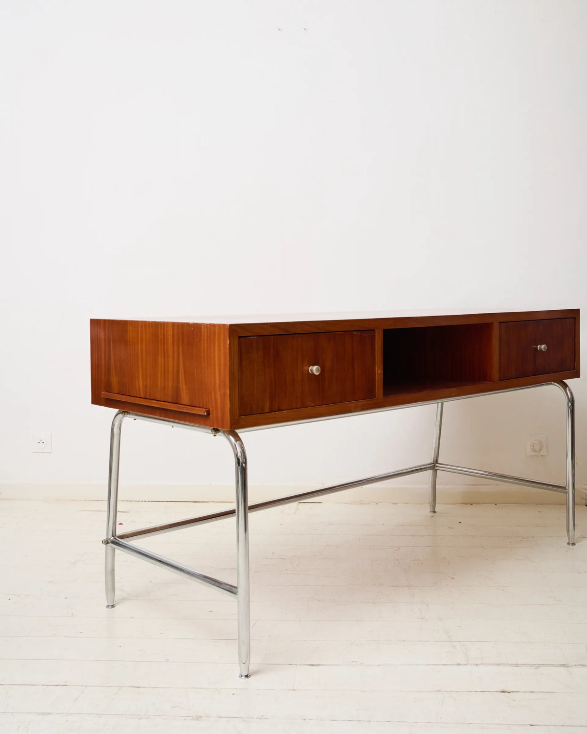 Mahogany and chrome metal desk, Italian manufacture, Italy, 1960s