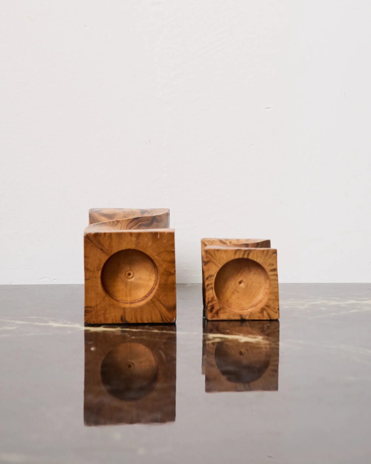 Pair of twisted wood candlesticks, 1970s