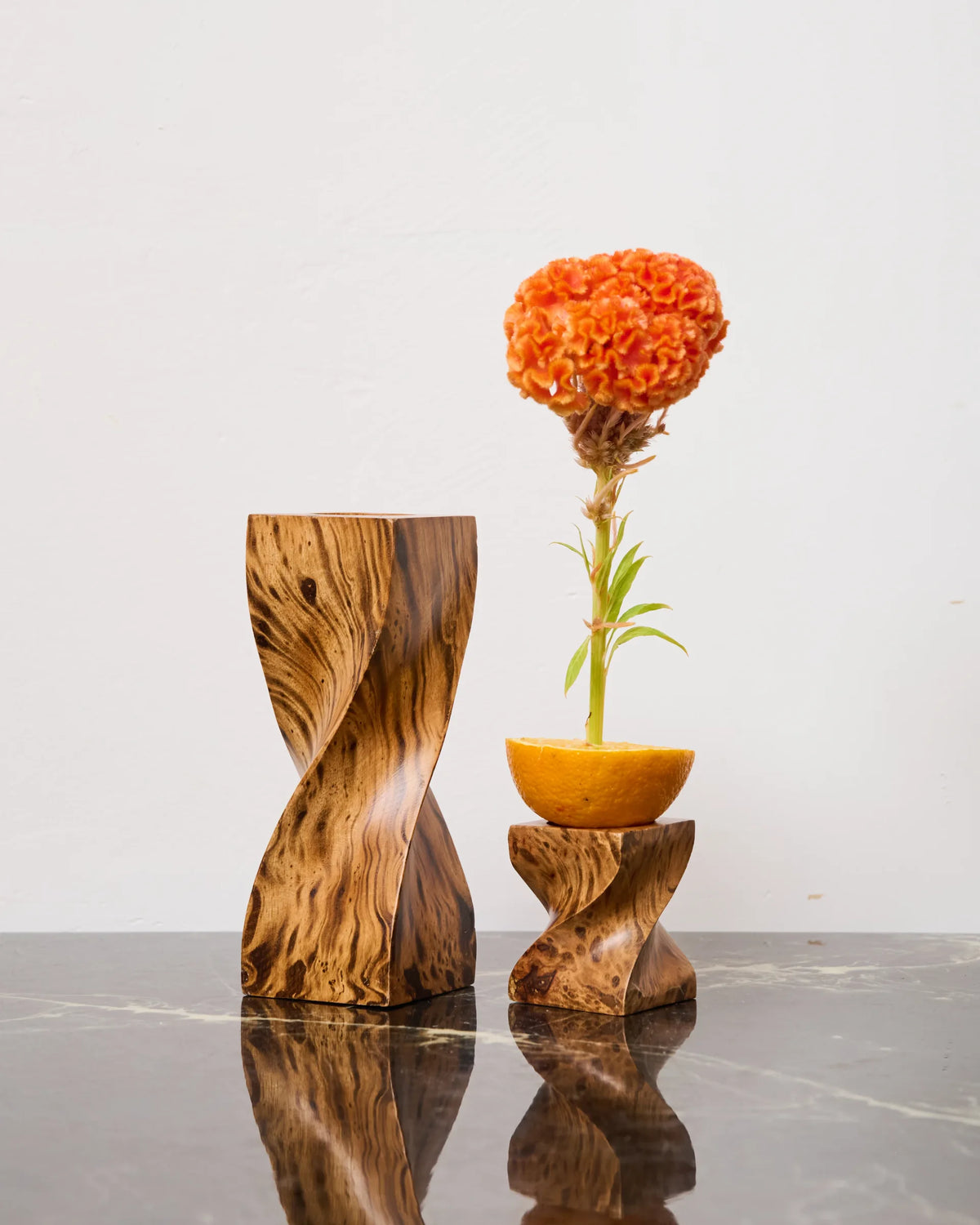 Pair of twisted wood candlesticks, 1970s