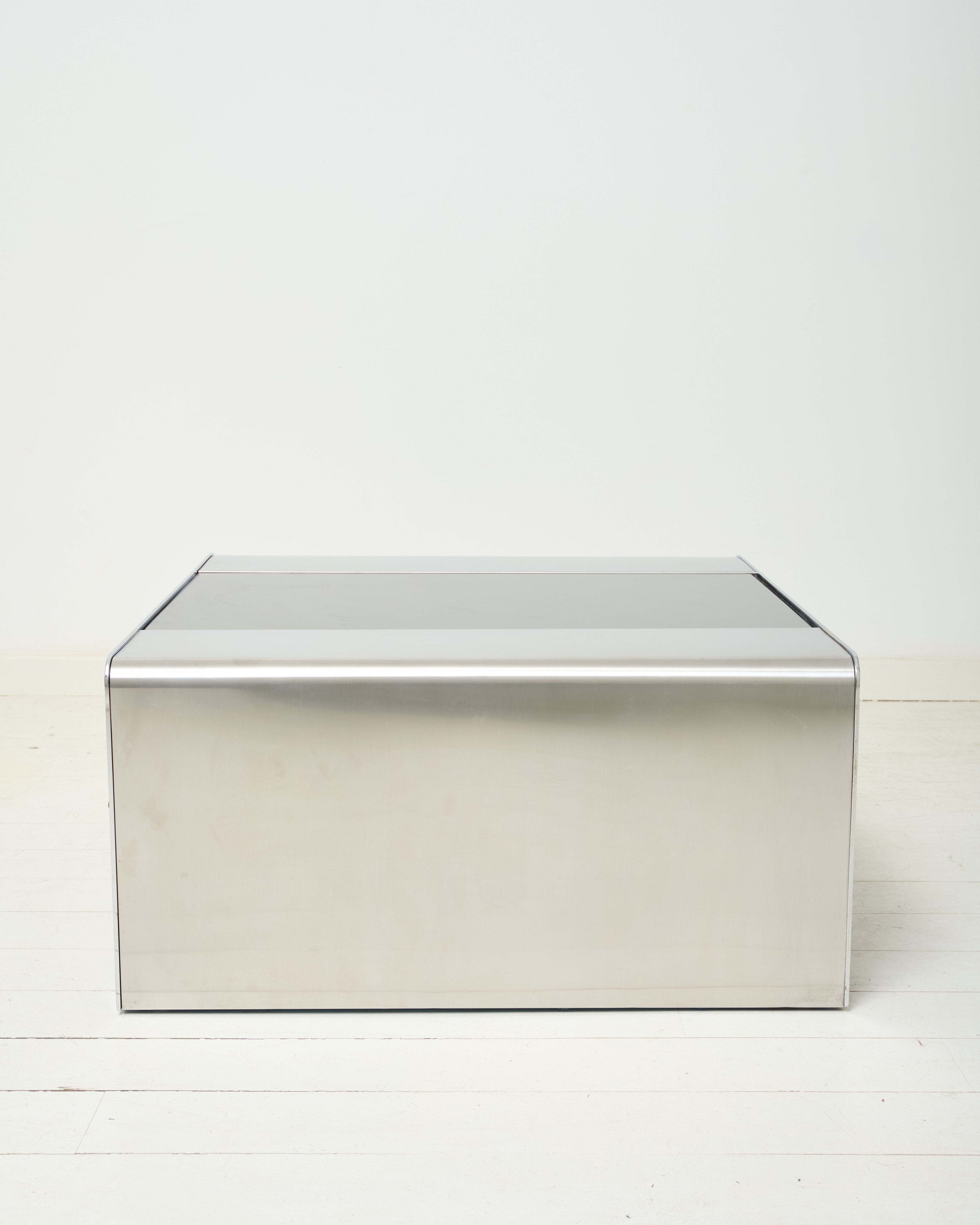 Brushed aluminum coffee table set with four velvet poufs, 1970s