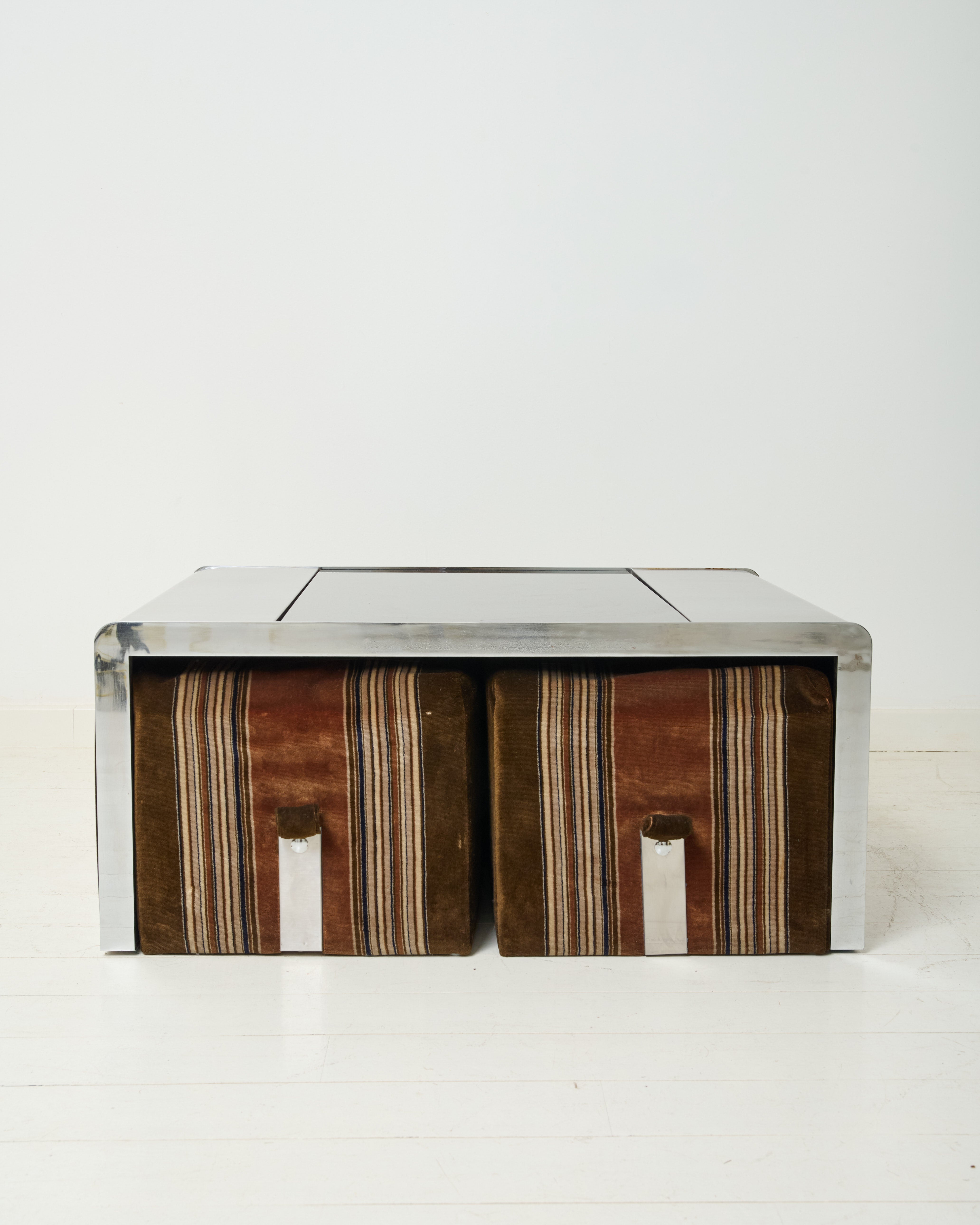 Brushed aluminum coffee table set with four velvet poufs, 1970s