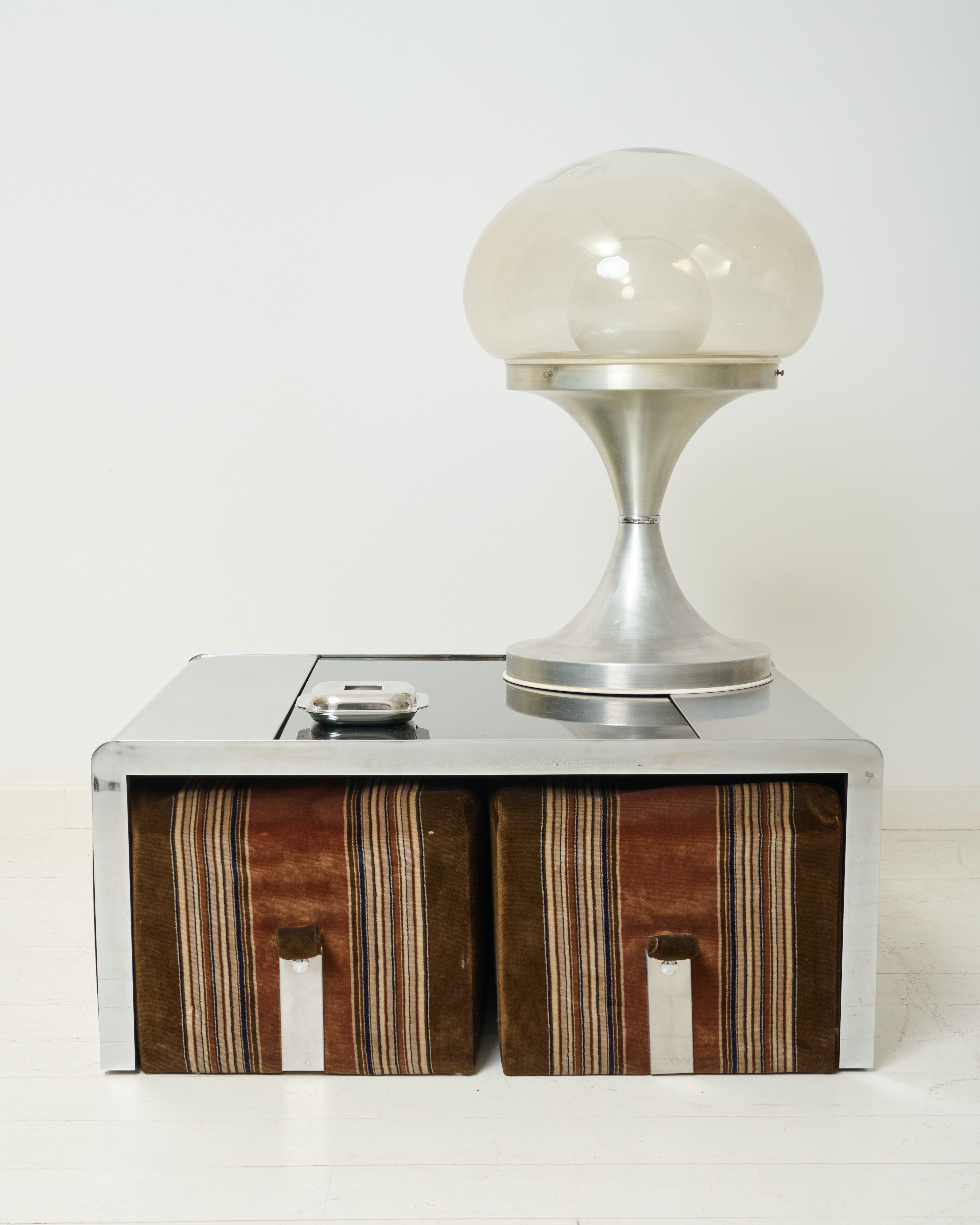 Brushed aluminum coffee table set with four velvet poufs, 1970s