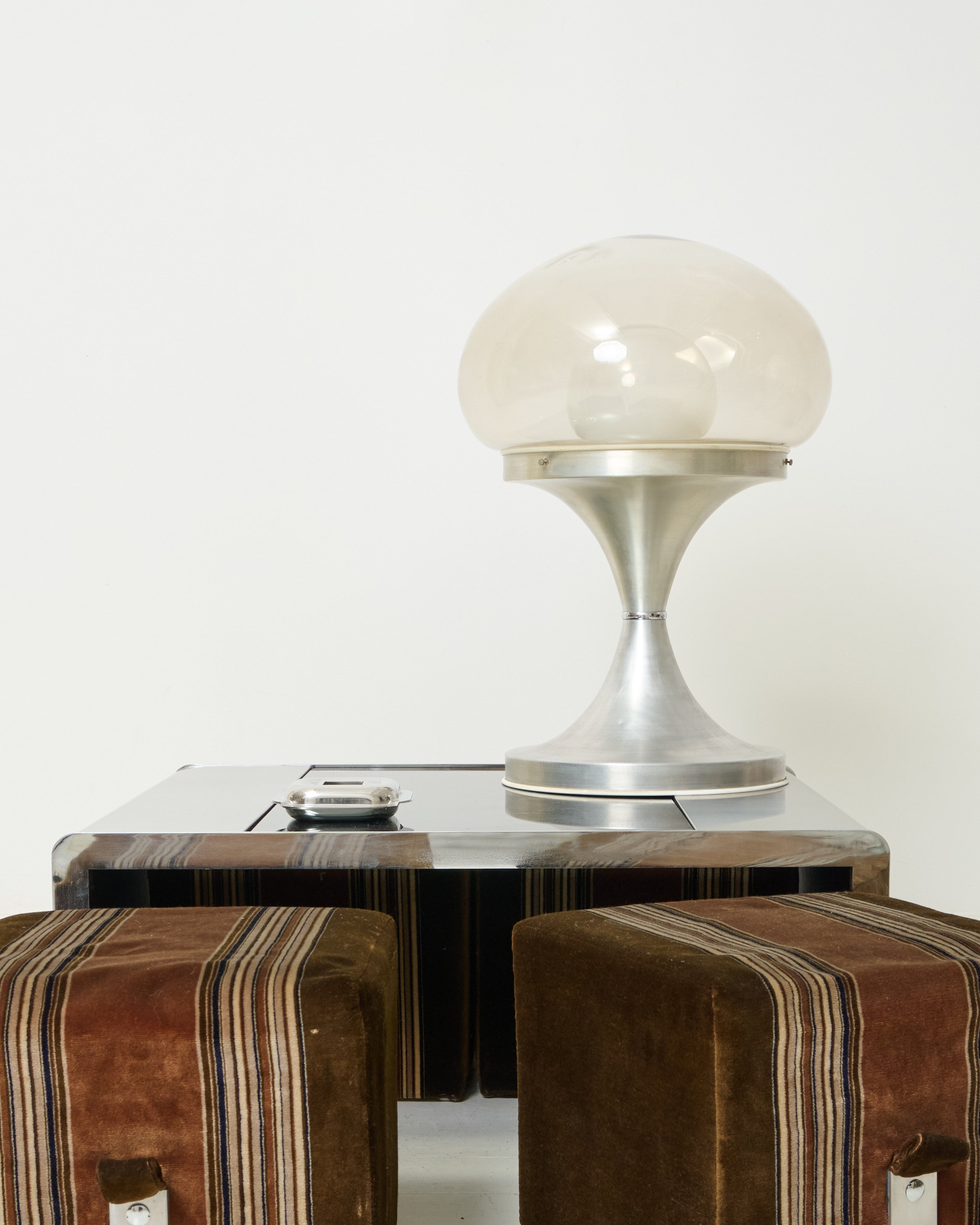 Brushed aluminum coffee table set with four velvet poufs, 1970s