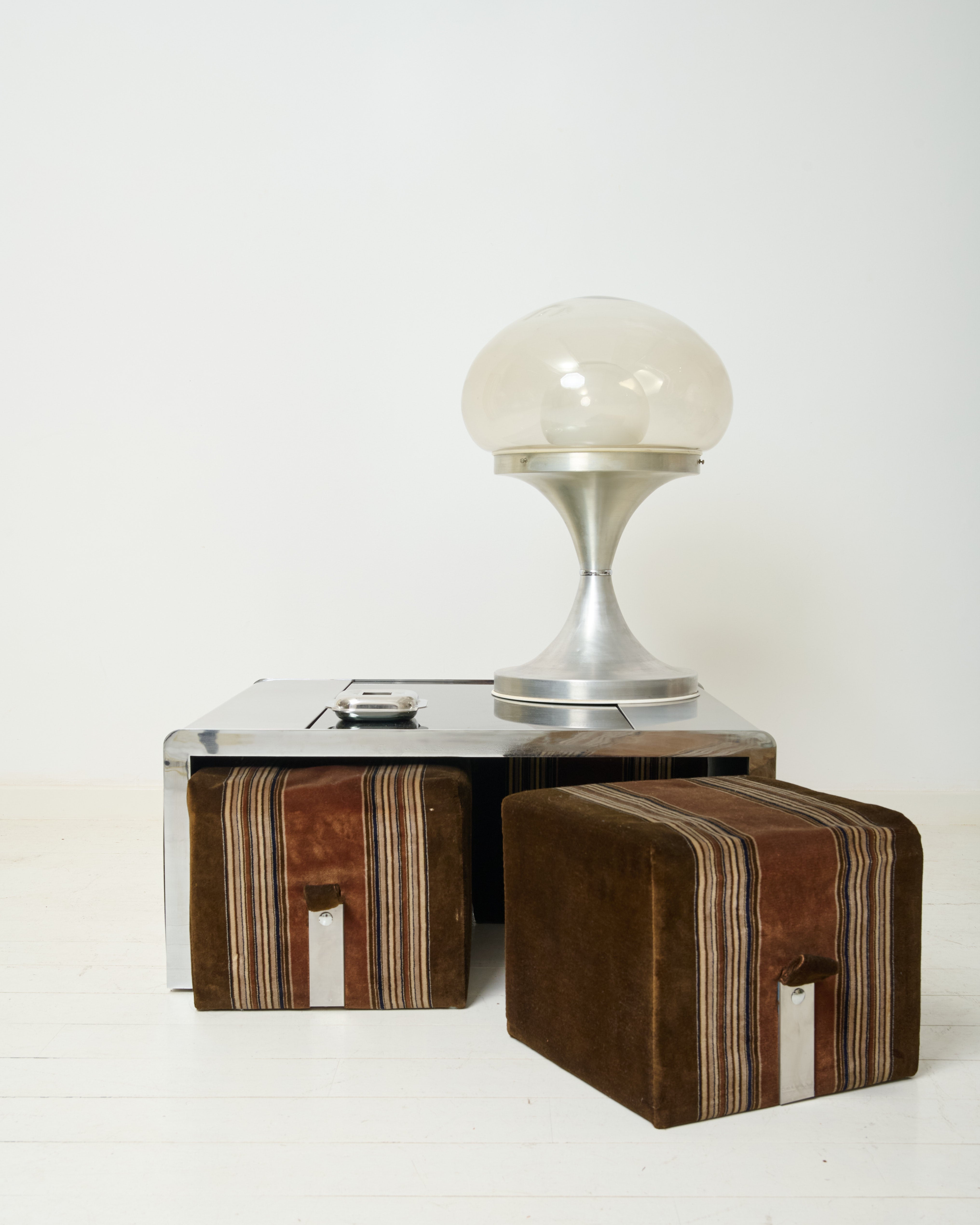 Brushed aluminum coffee table set with four velvet poufs, 1970s