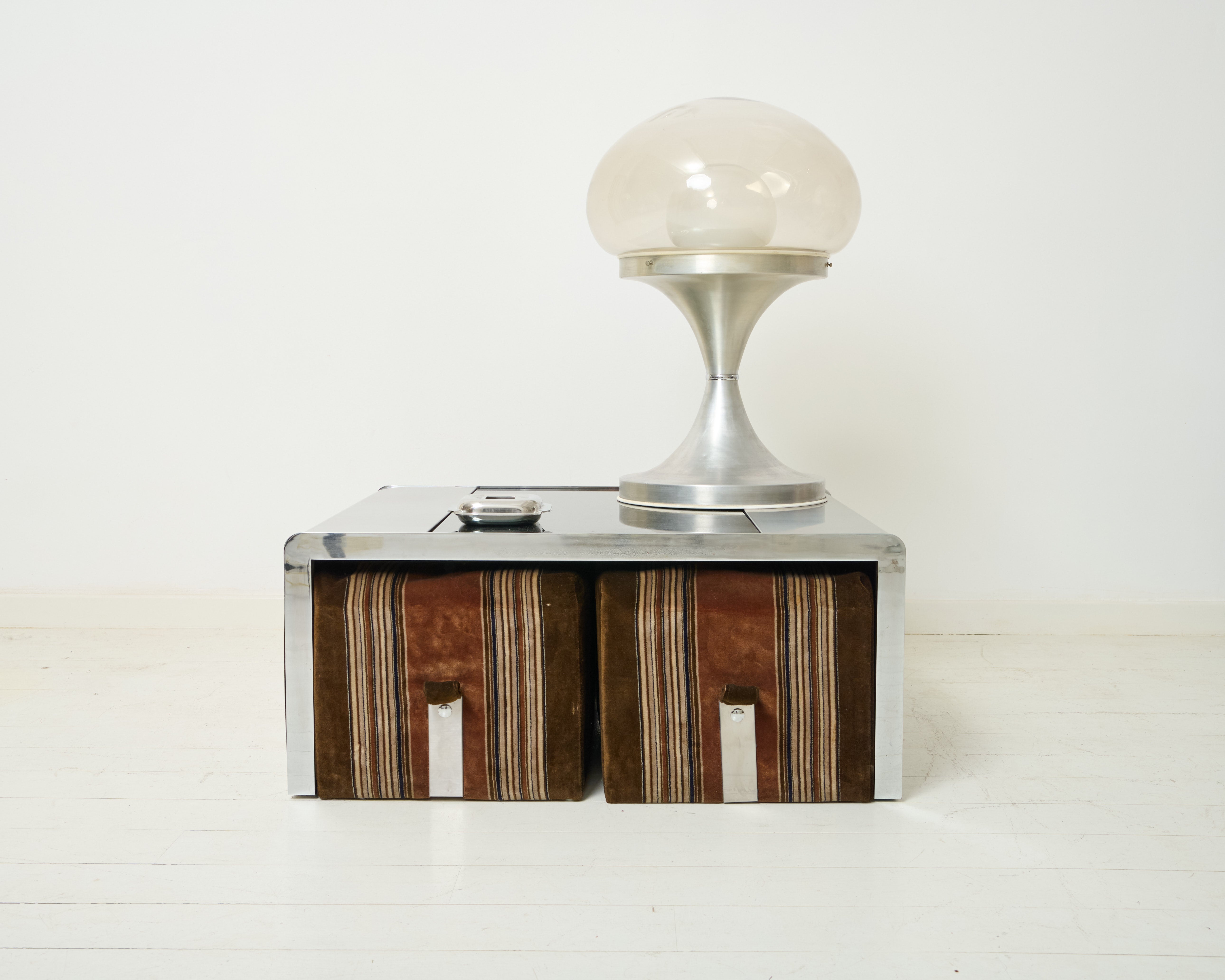 Brushed aluminum coffee table set with four velvet poufs, 1970s