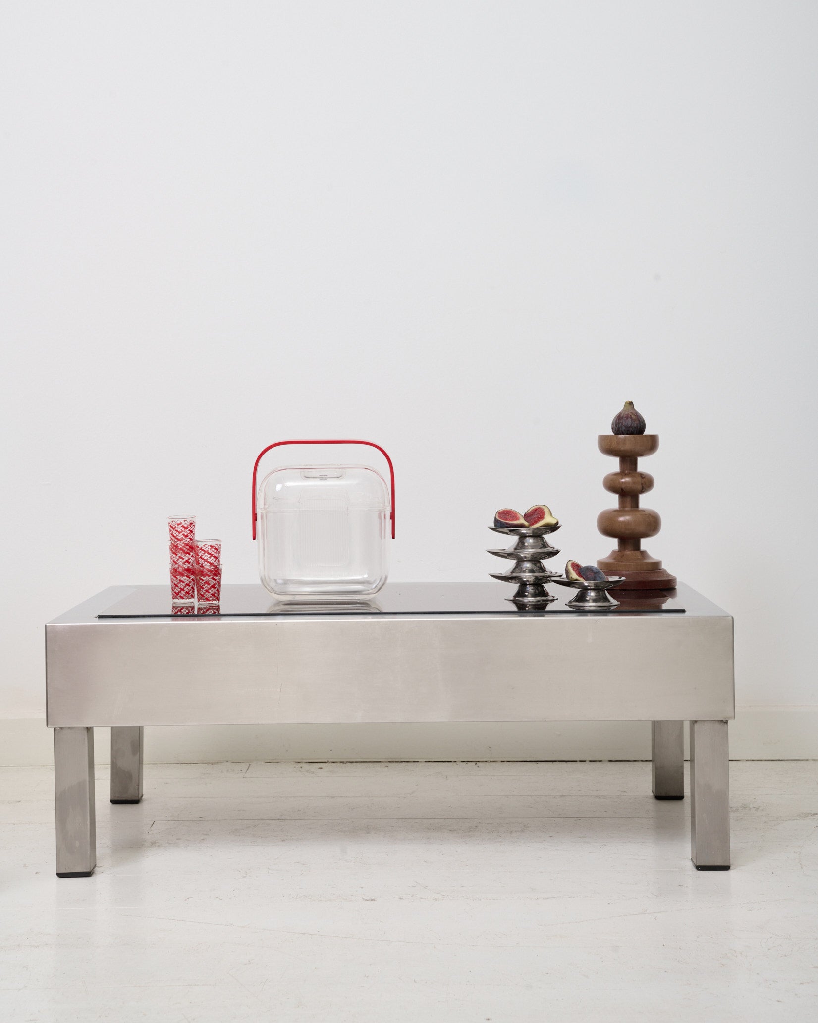 Ensemble table basse et desserte en acier brossé, 1980s