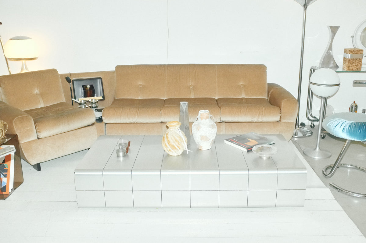 Table basse en aluminium et miroir, Roche Bobois, 1970-1980