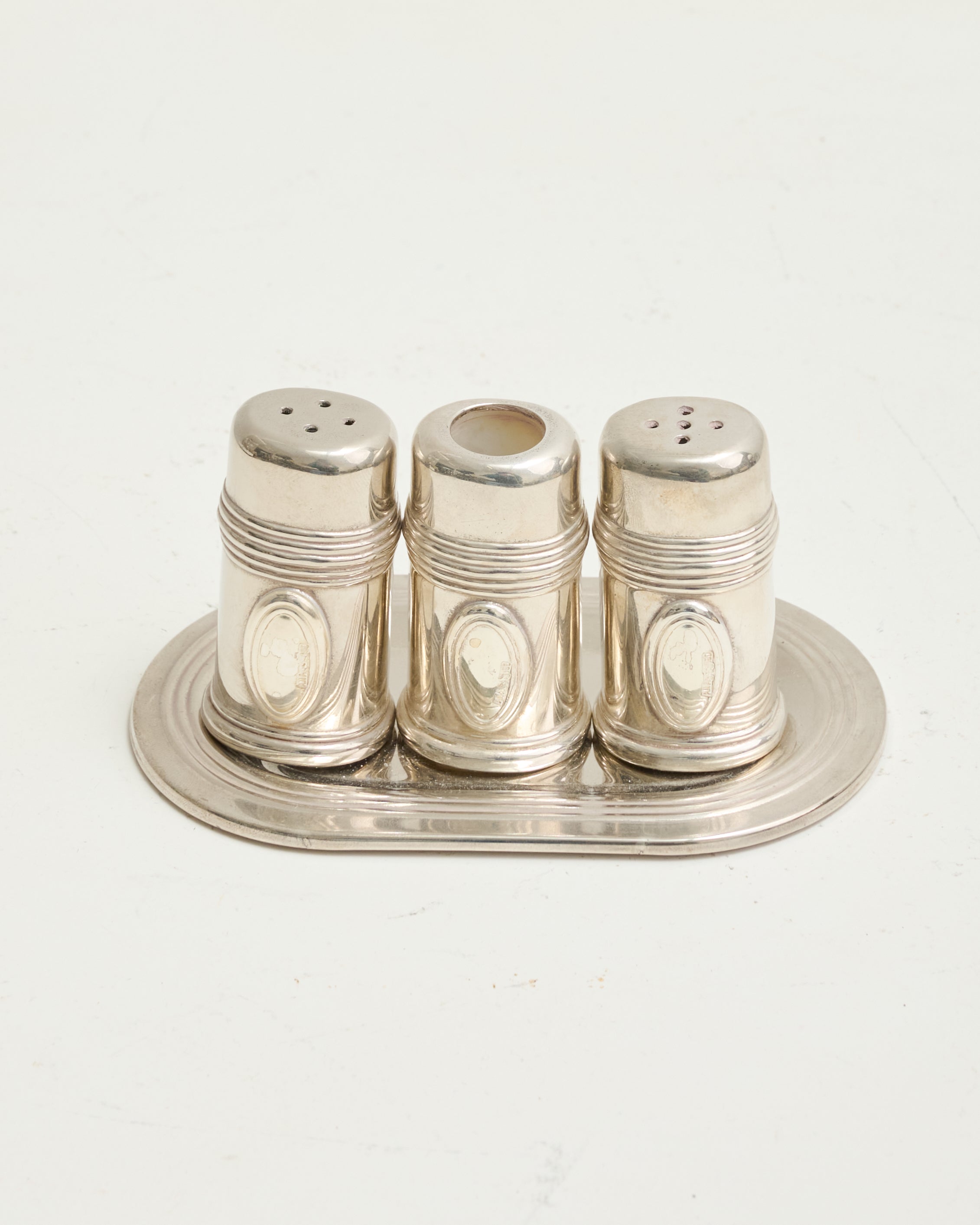 Serving set (salt, pepper, toothpicks), silver-plated metal