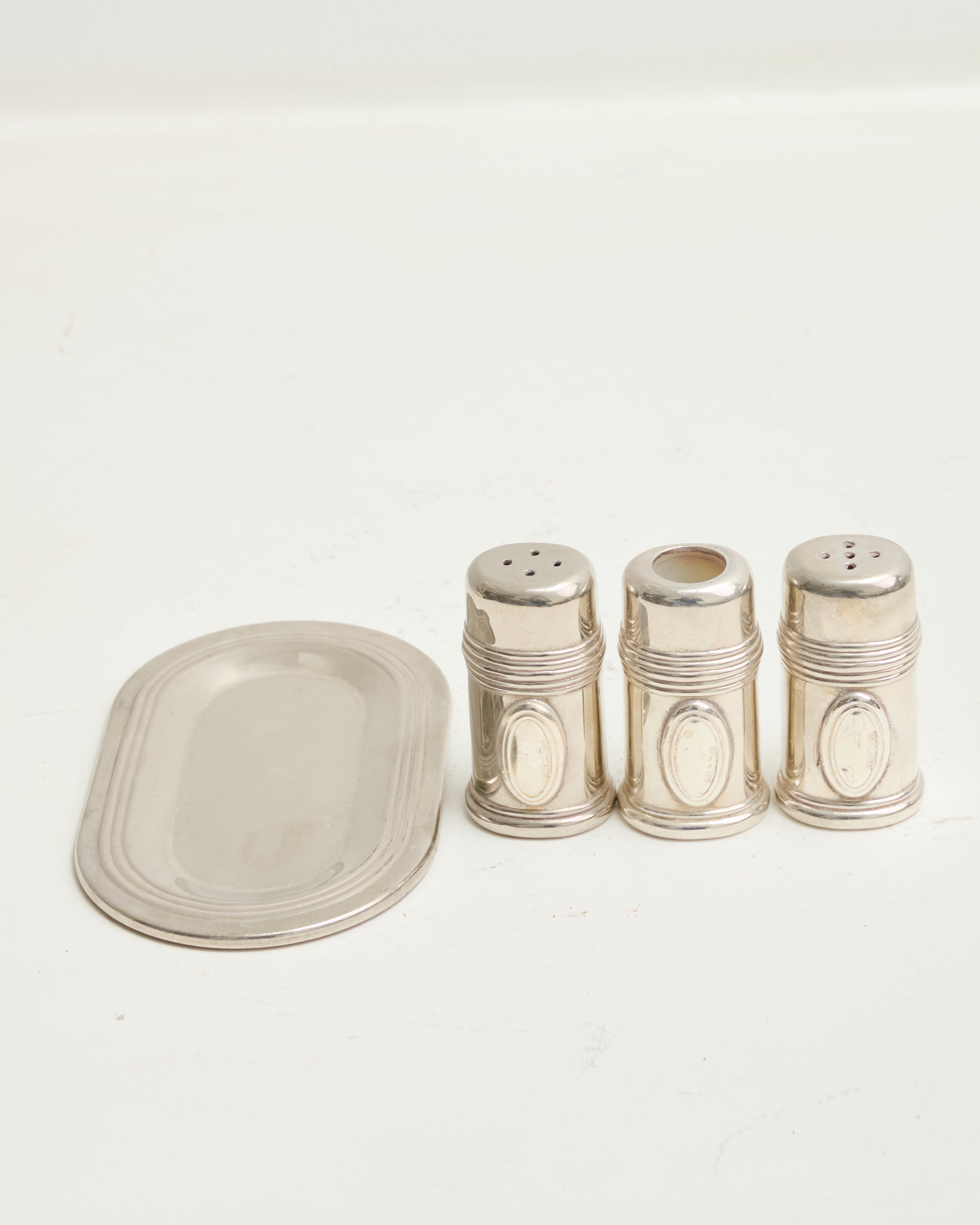 Serving set (salt, pepper, toothpicks), silver-plated metal