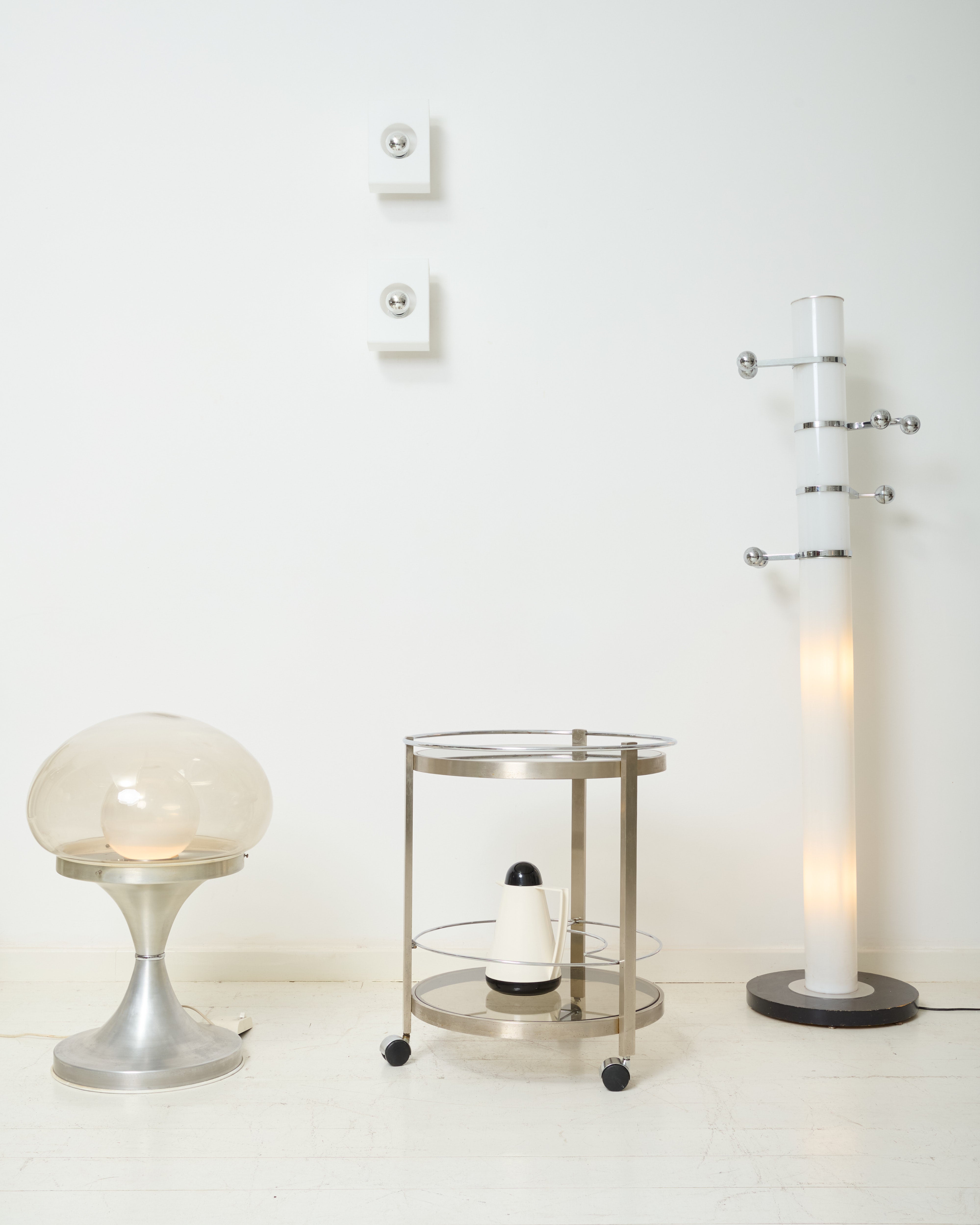 Round serving cart in brushed aluminum, 1970-1980