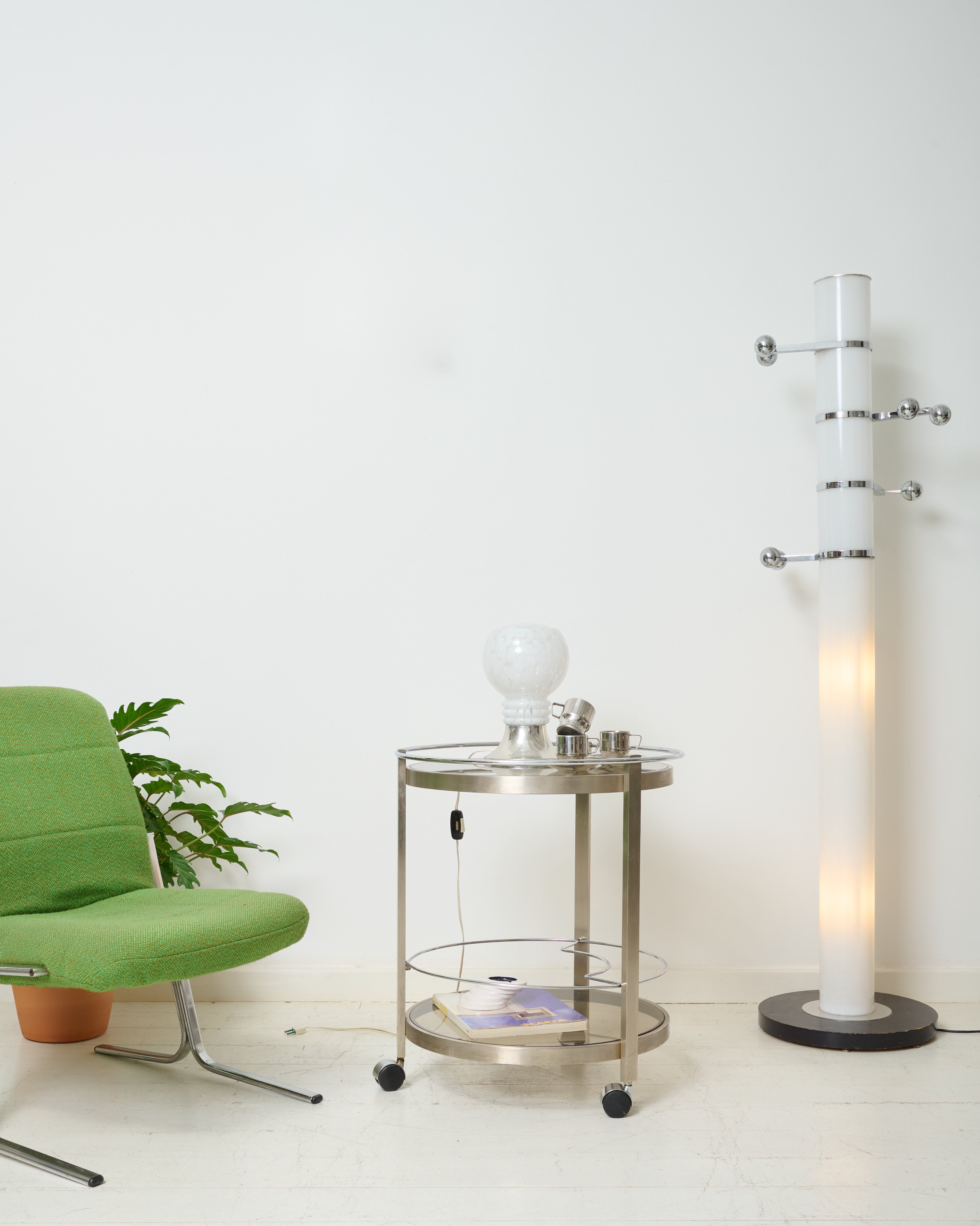 Round serving cart in brushed aluminum, 1970-1980