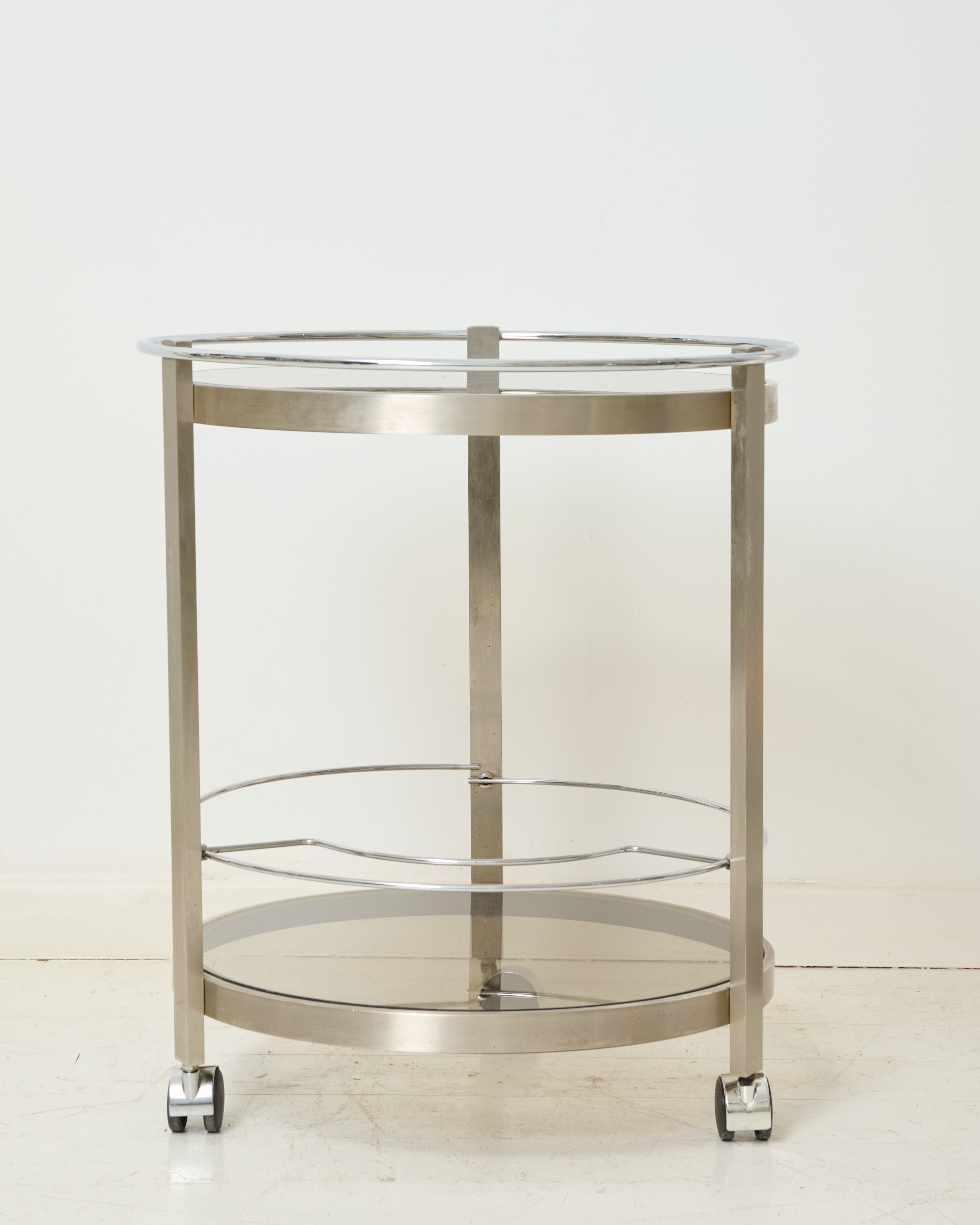 Round serving cart in brushed aluminum, 1970-1980