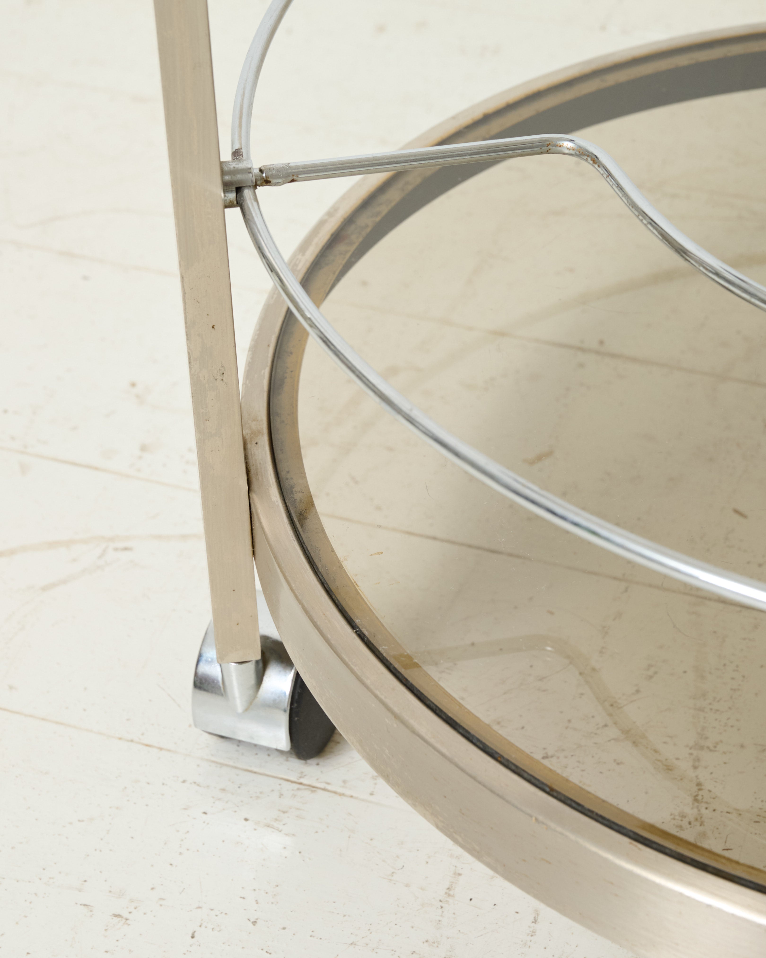 Round serving cart in brushed aluminum, 1970-1980