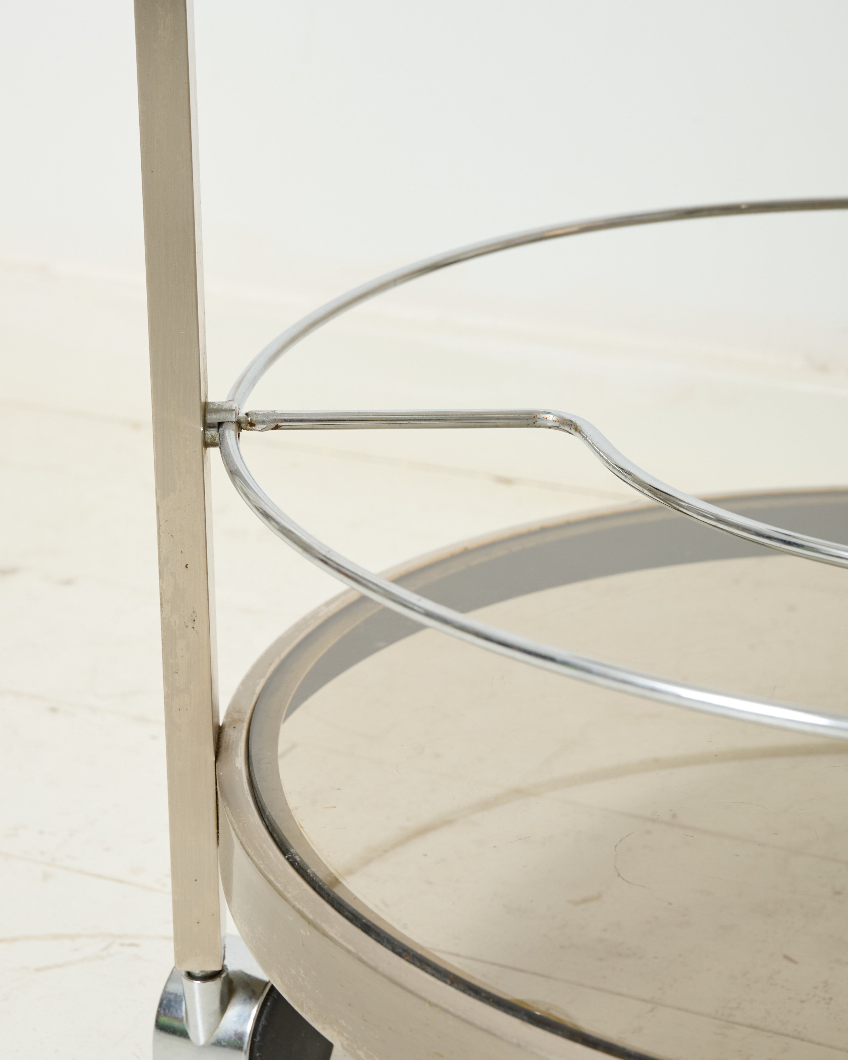 Round serving cart in brushed aluminum, 1970-1980