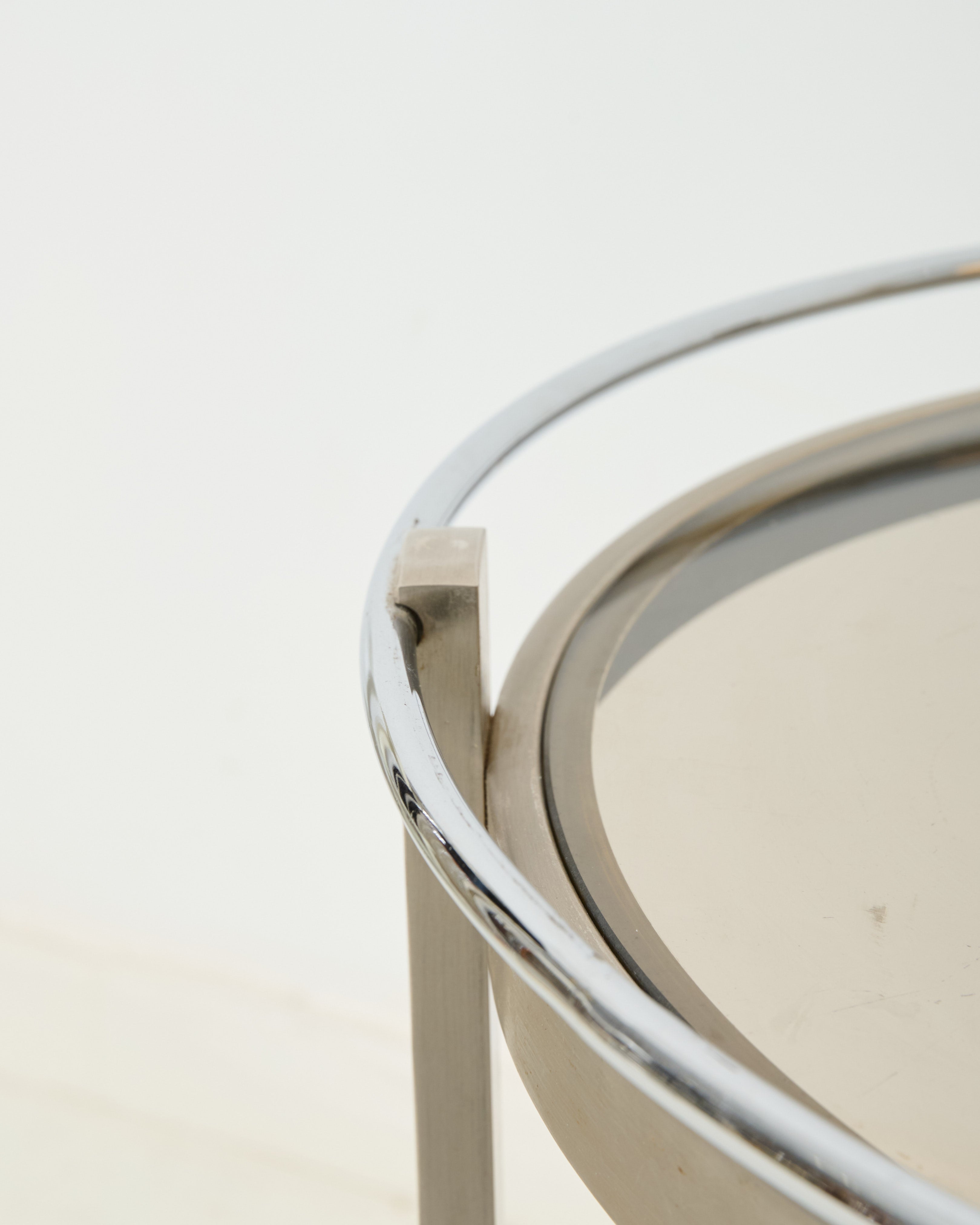 Round serving cart in brushed aluminum, 1970-1980