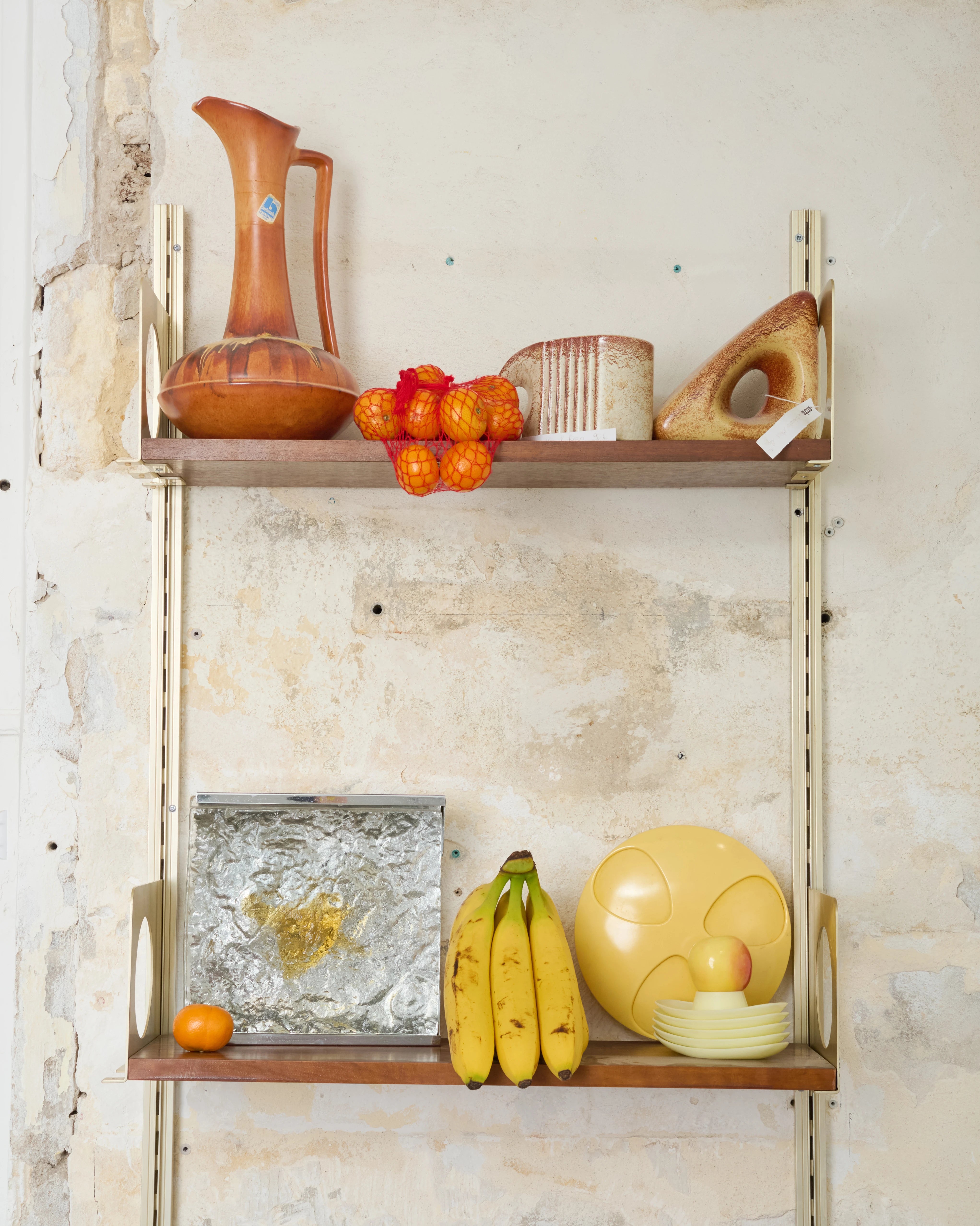 Wall shelves in wood and brushed brass, 1970s