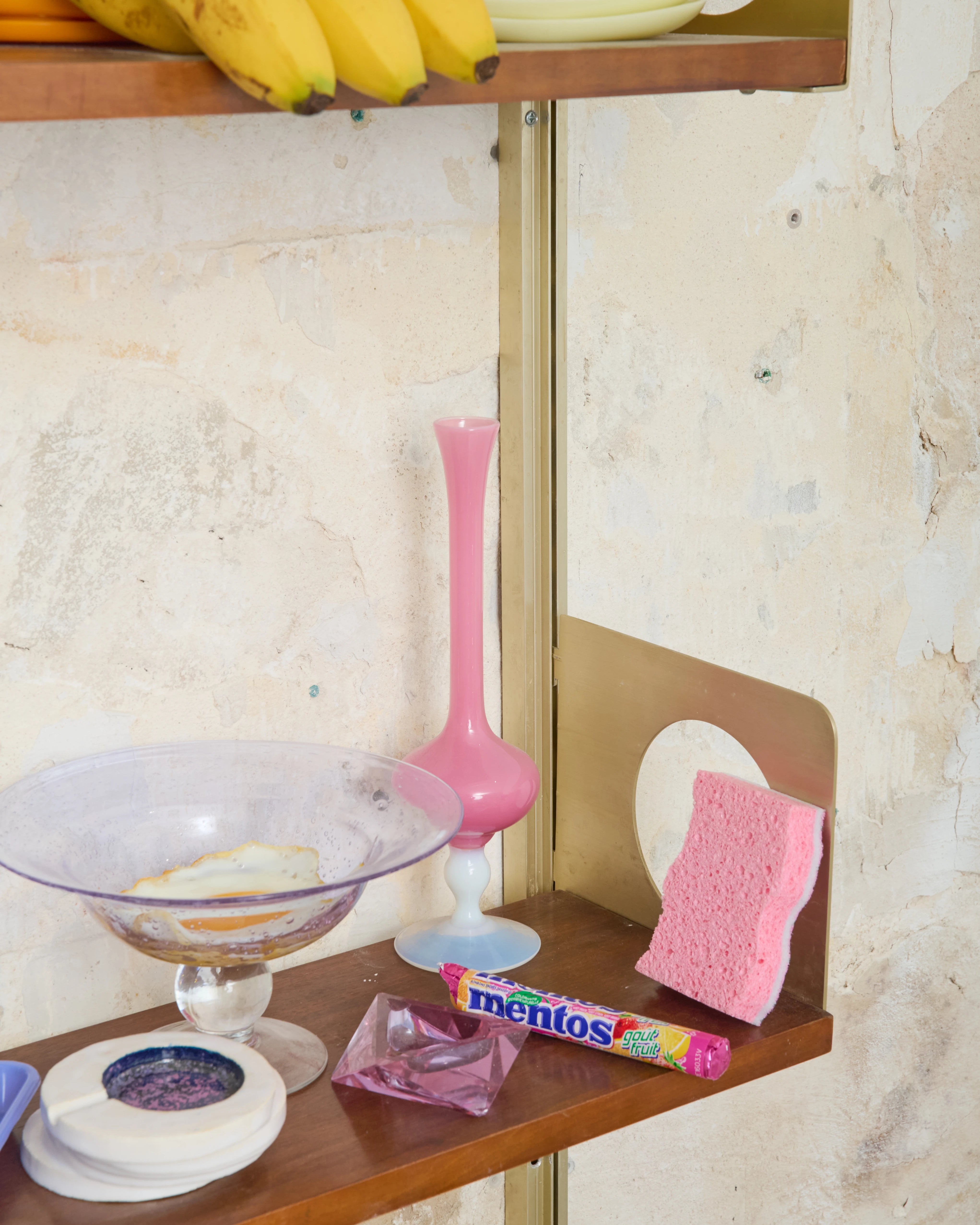 Wall shelves in wood and brushed brass, 1970s