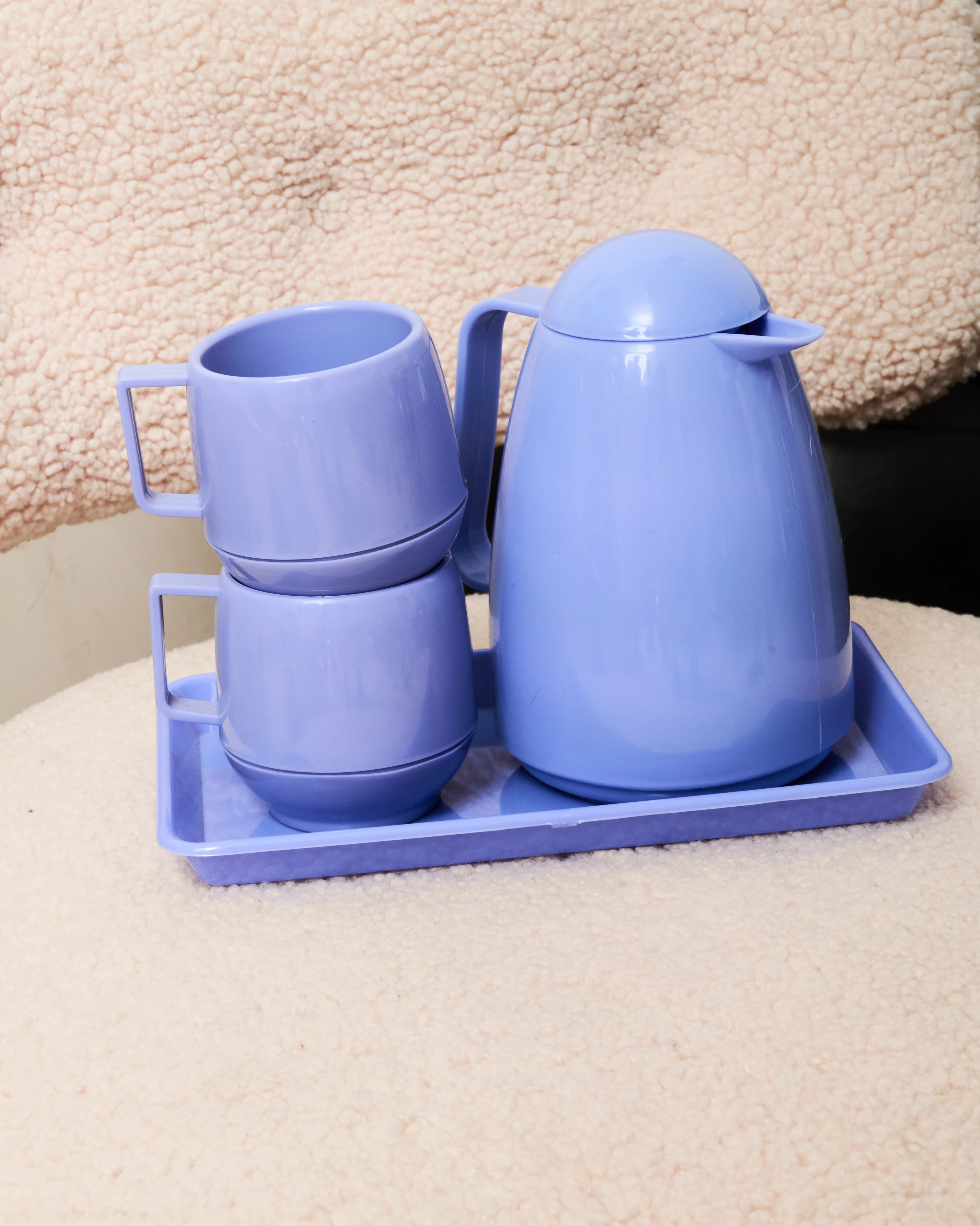 Purple plastic thermos, two cups and a tray, 1990s