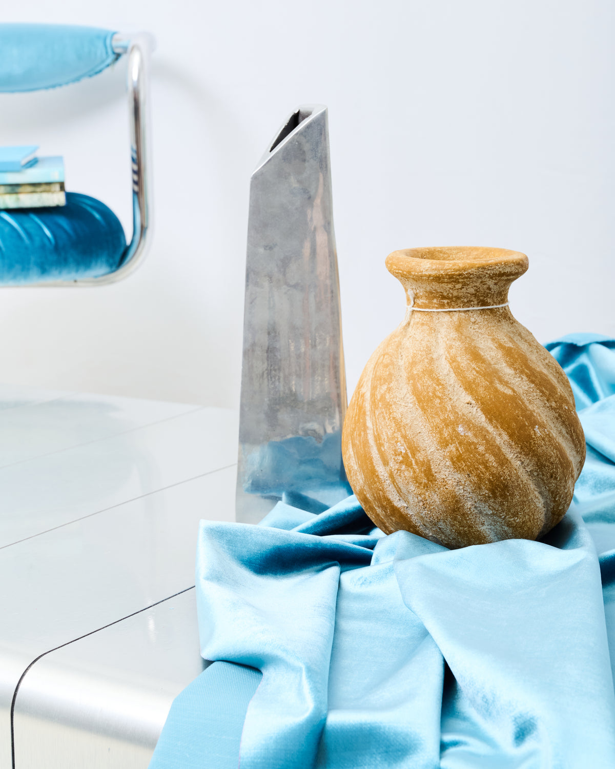 Ochre, yellow and matte white ceramic vase, wabi-sabi style